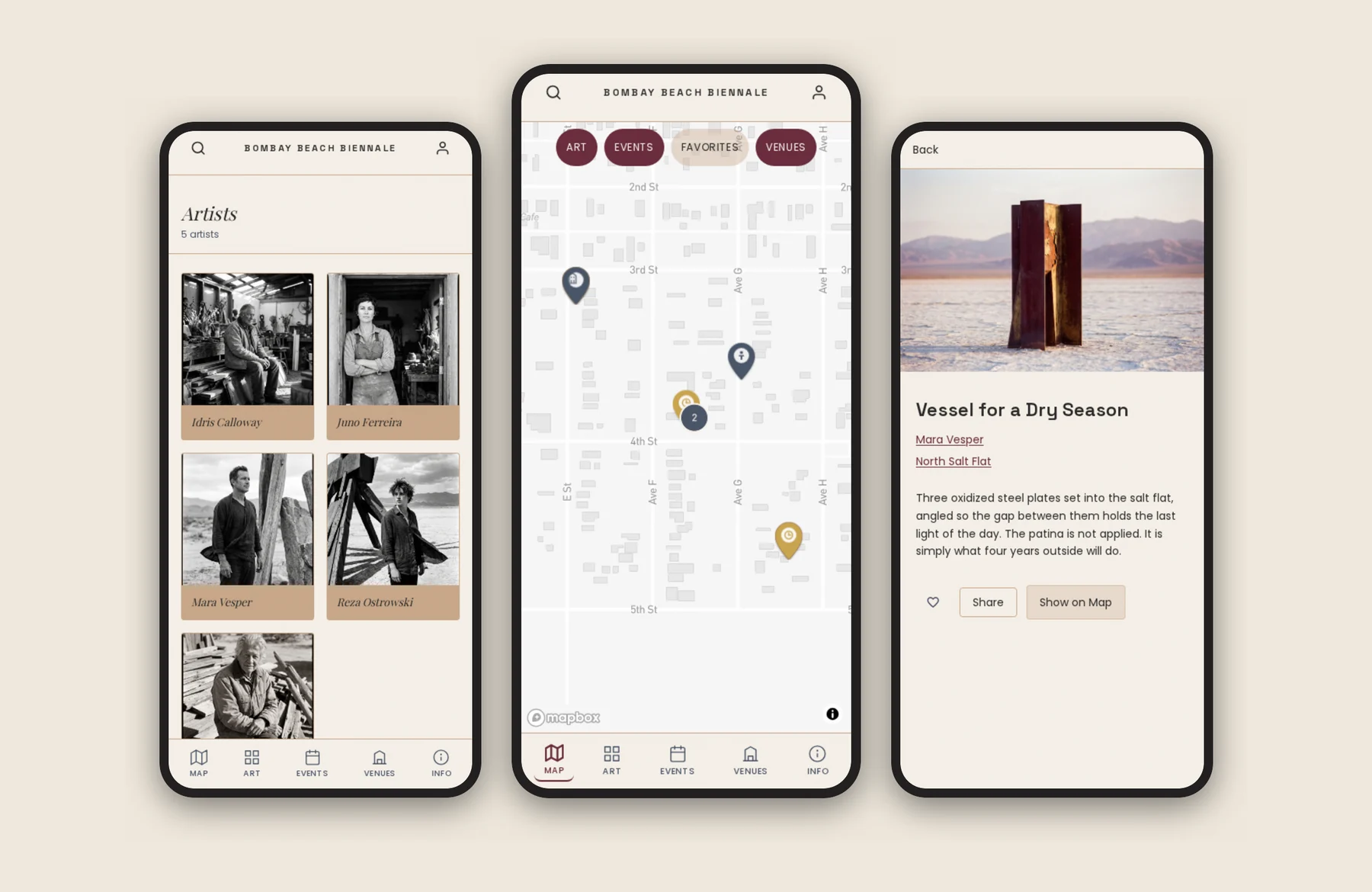 Three phone screens from the Bombay Beach Biennale app showing the artist directory, the interactive map, and an installation detail page.