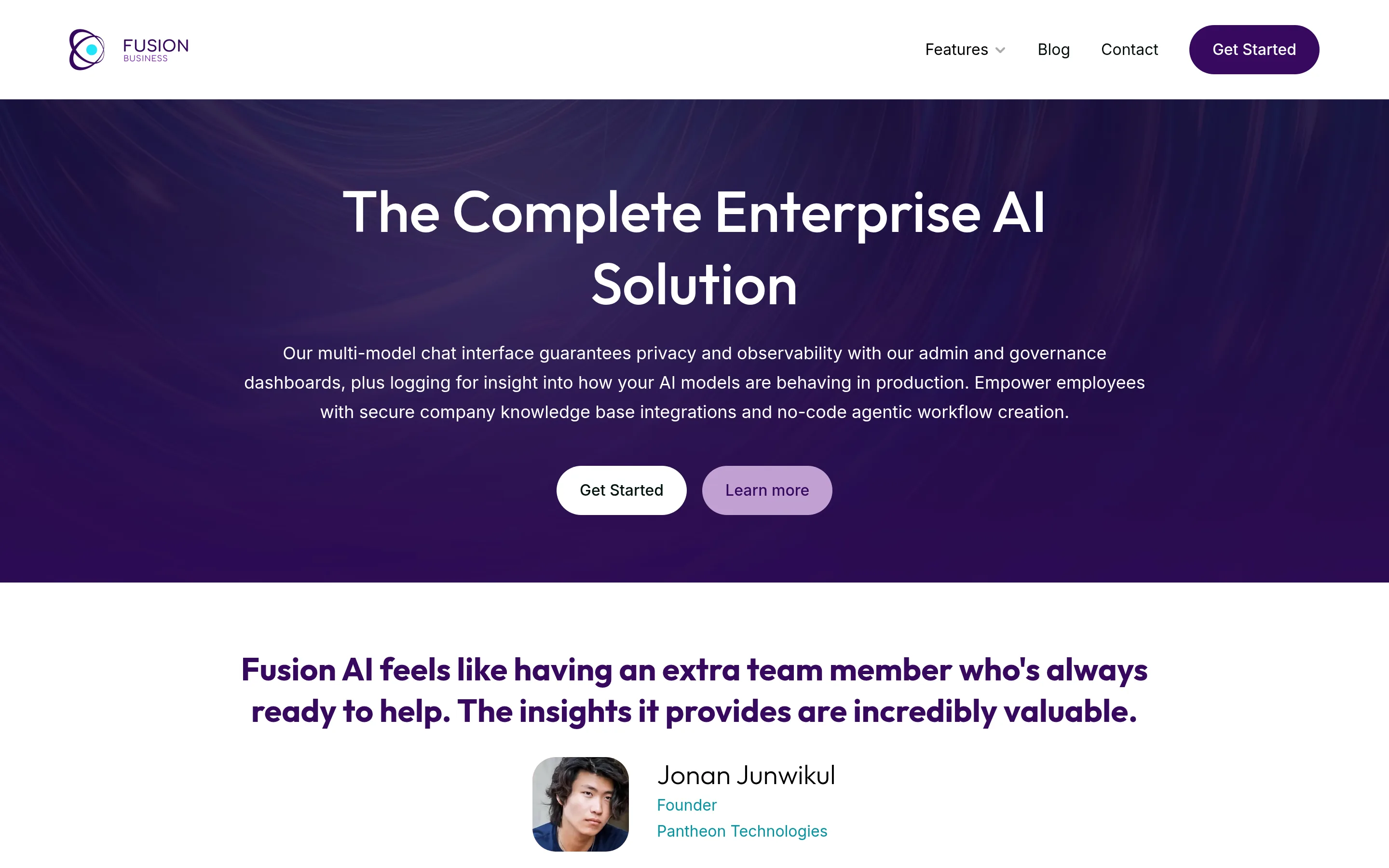 The Fusion Business homepage, showing the Complete Enterprise AI Solution positioning written for the enterprise product.