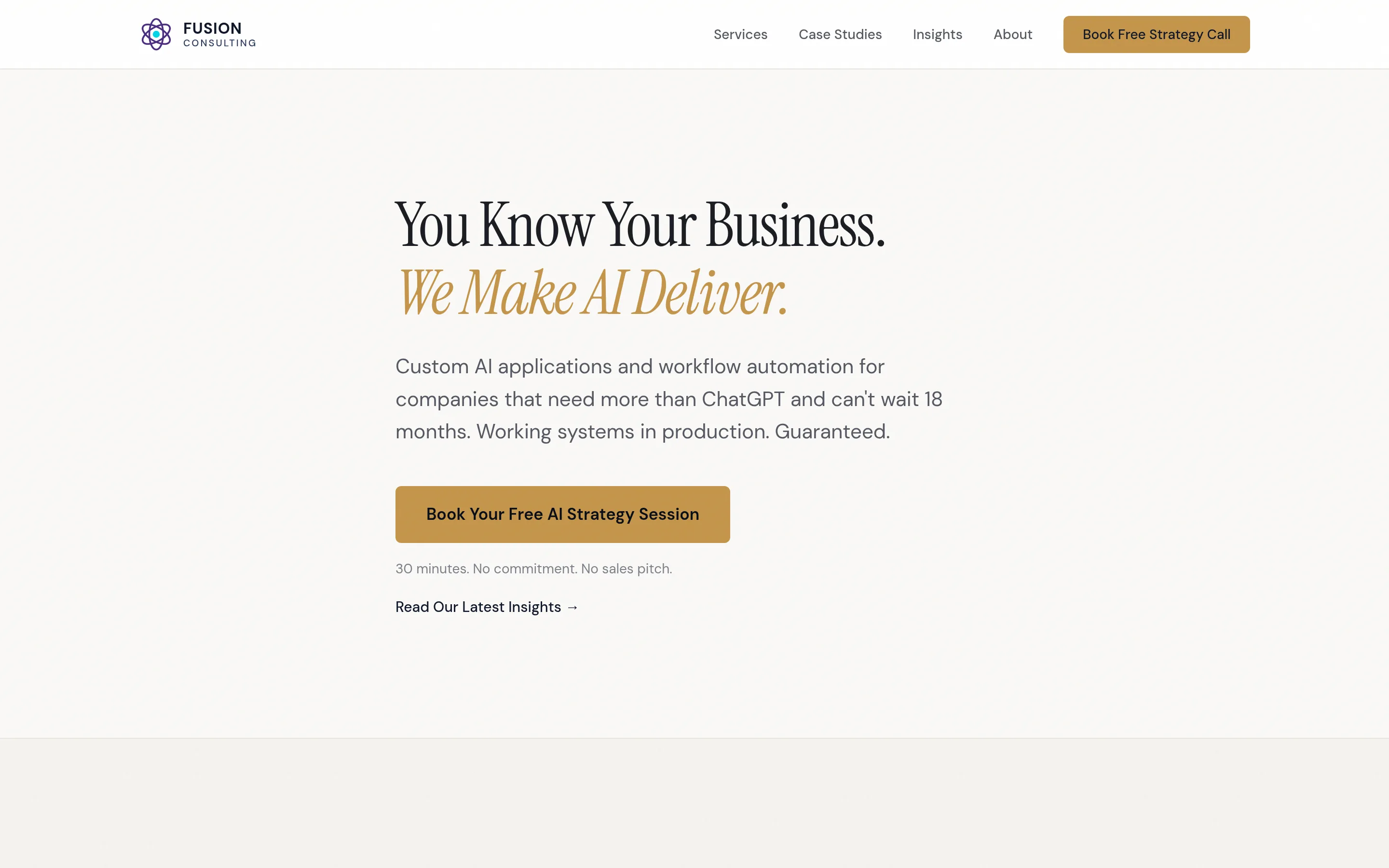 The Fusion Consulting homepage, showing the serif headline and positioning copy written for the consulting brand.