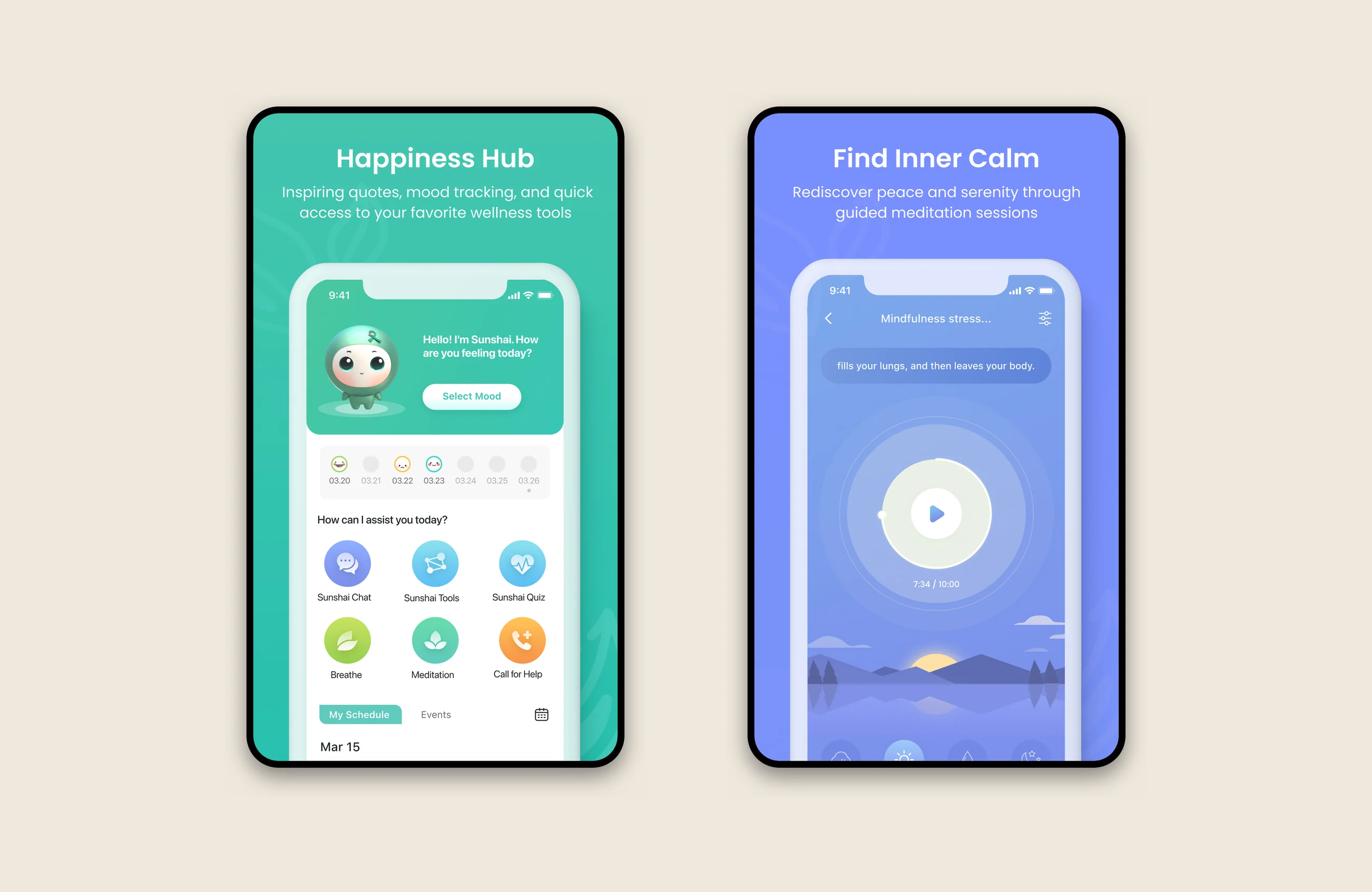 Screens from UrSpace and MiSunshine, the two MHACC mental health apps that carry forward the CBT program direction established during this engagement.