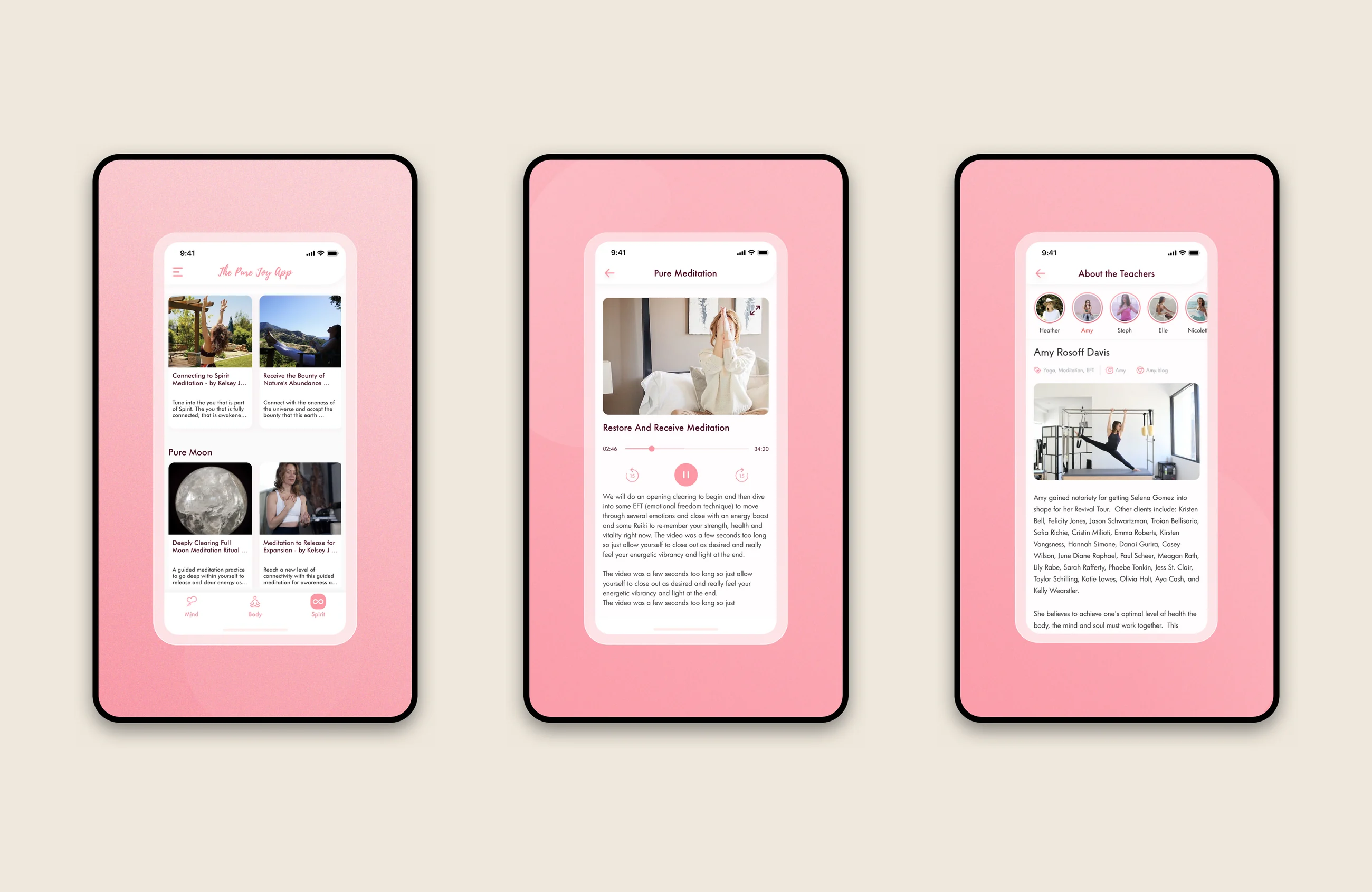 Three screens from the Pure Joy app, showing a meditation player, the founder introduction, and the teacher directory.
