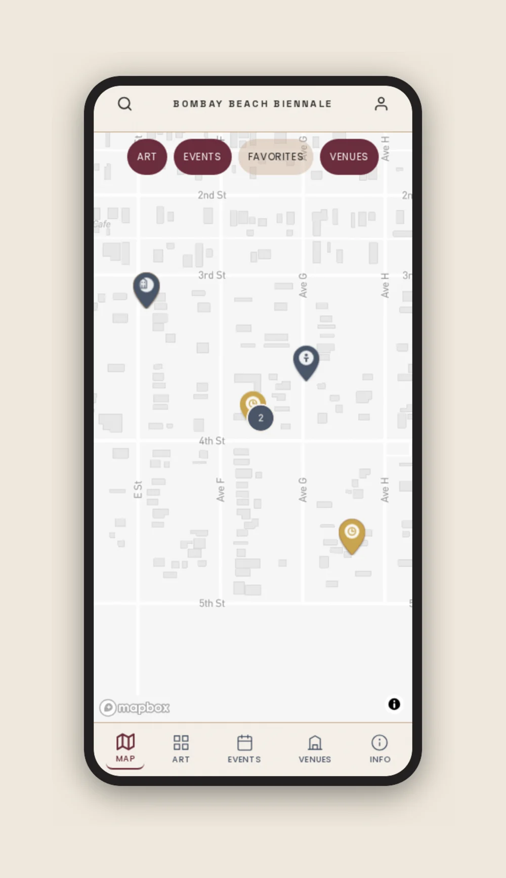 Interactive map screen with filter controls for art, events, favorites and venues, showing exhibit pins, event pins, and a clustered pin