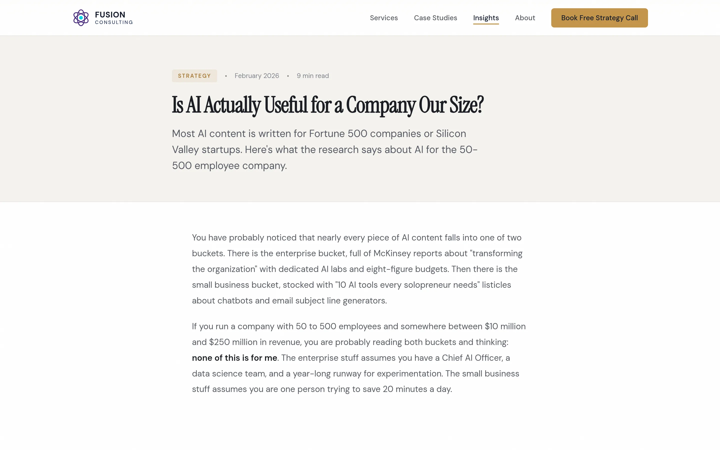 An individual published article on the Fusion Consulting site, titled Is AI Actually Useful for a Company Our Size