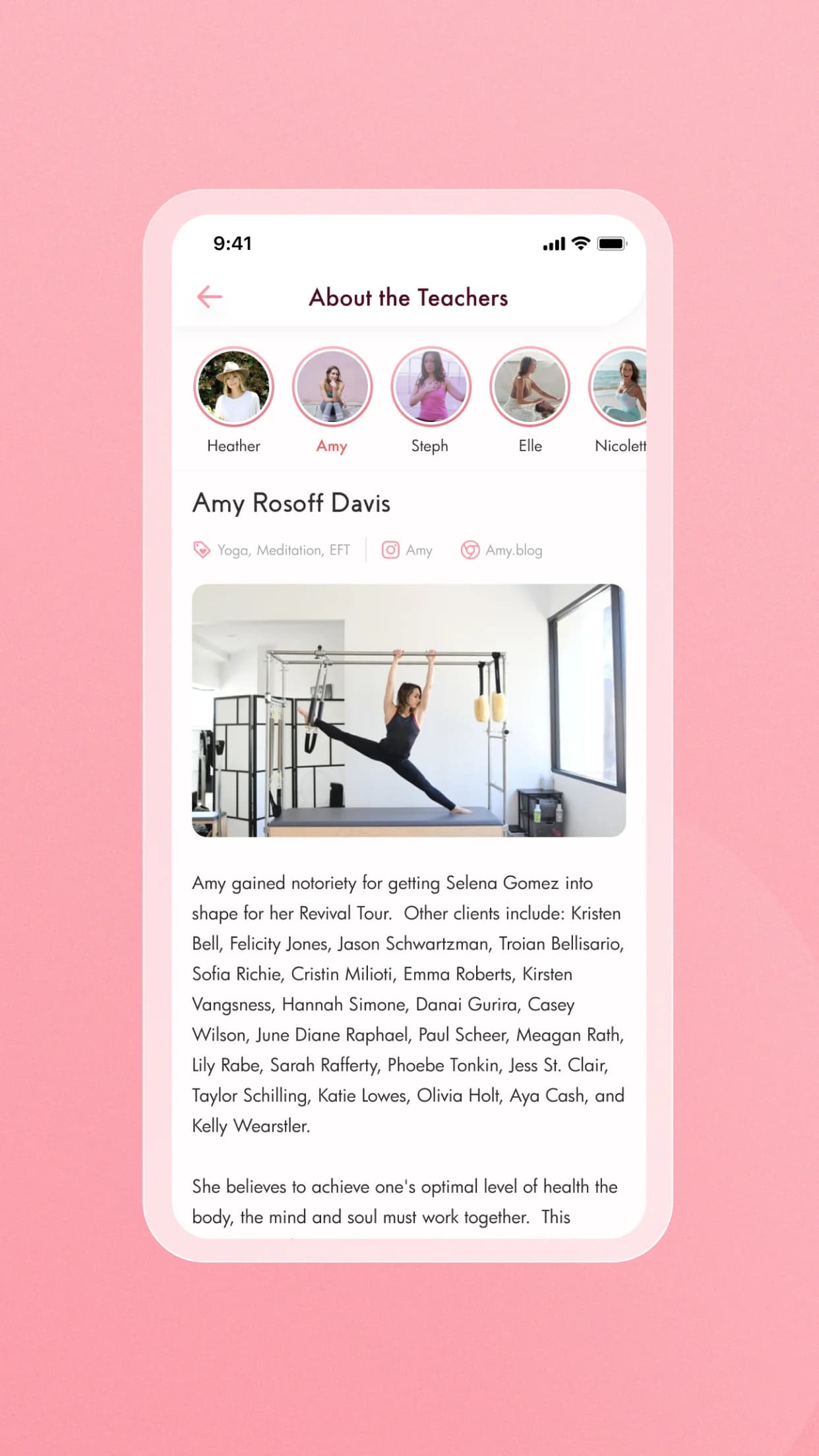The Pure Joy teacher directory, showing teacher avatars above a full biography